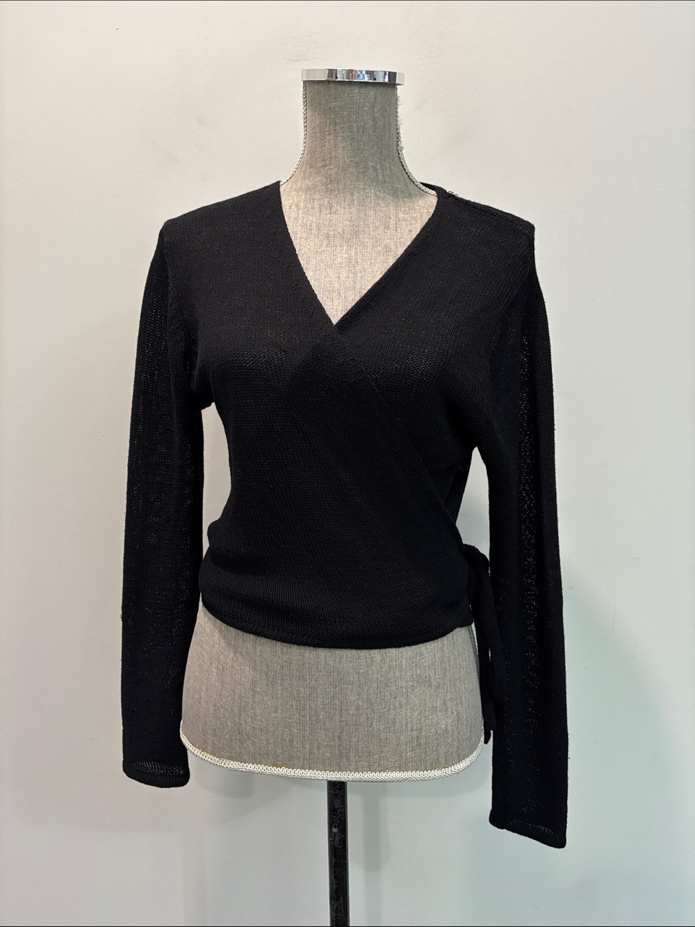 Eileen Fisher Black 100% Wool Tie Front Wrap Cardigan Size M Lightweight - Picture 2 of 16
